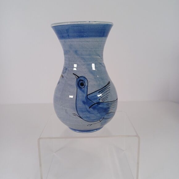 Vintage Tonala MEXICO Pottery 5" Vase Blue Bird And Flowers Artist Signed EUC - Picture 1 of 9
